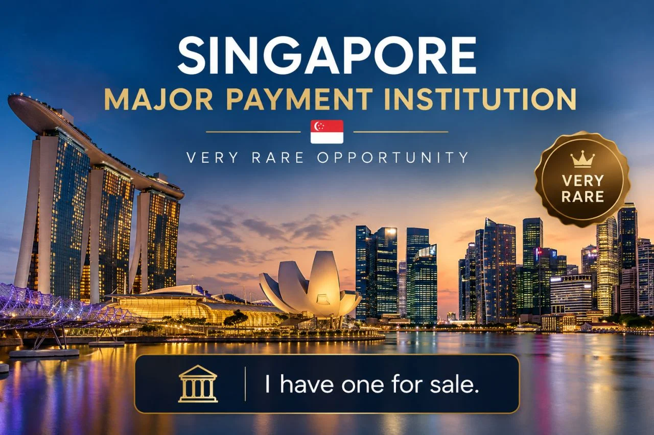 Singapore skyline at dusk with Marina Bay Sands, with the text “Singapore Major Payment Institution – very rare opportunity – I have one for sale”