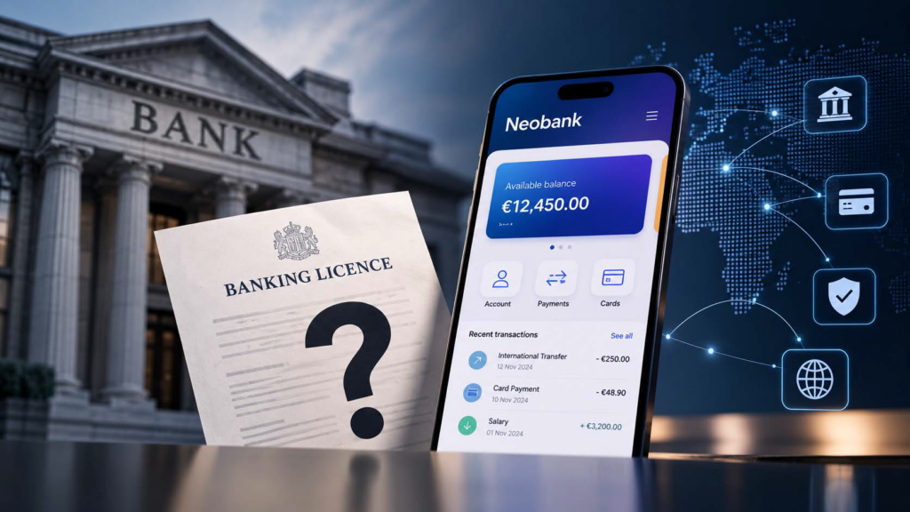 Illustration of a neobank app beside a banking licence document and a traditional bank building, showing that a neobank may operate without its own banking licence through a licensed white-label provider