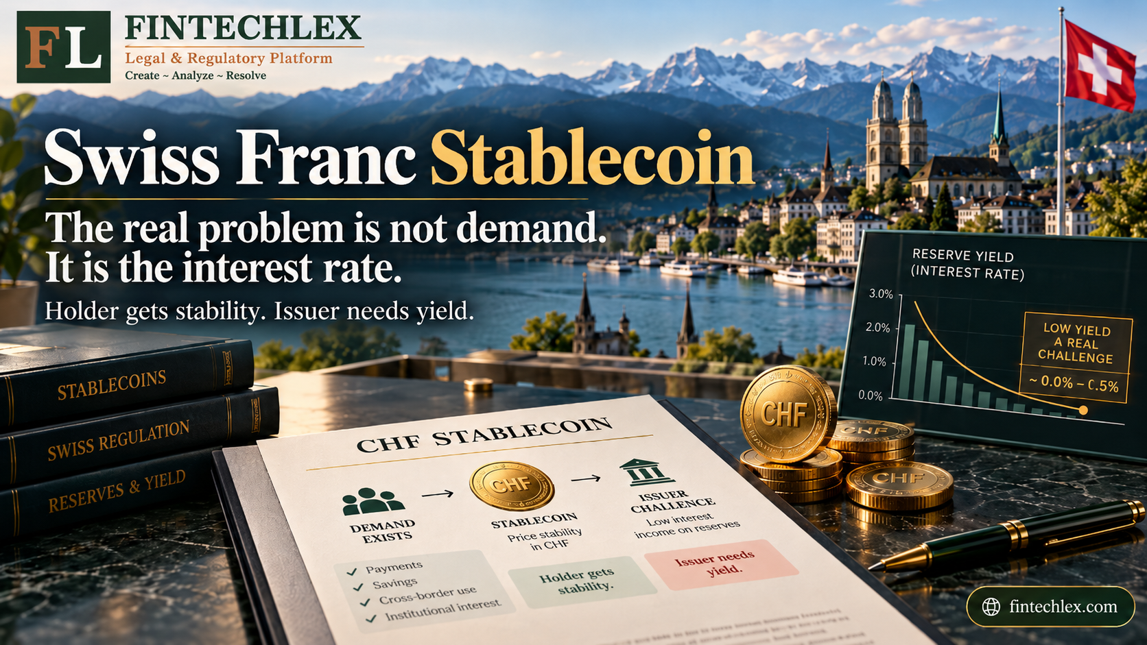 Swiss franc stablecoin: CHF coins and a reserve yield chart near zero in front of Zurich, illustrating the zero interest rate problem for issuers