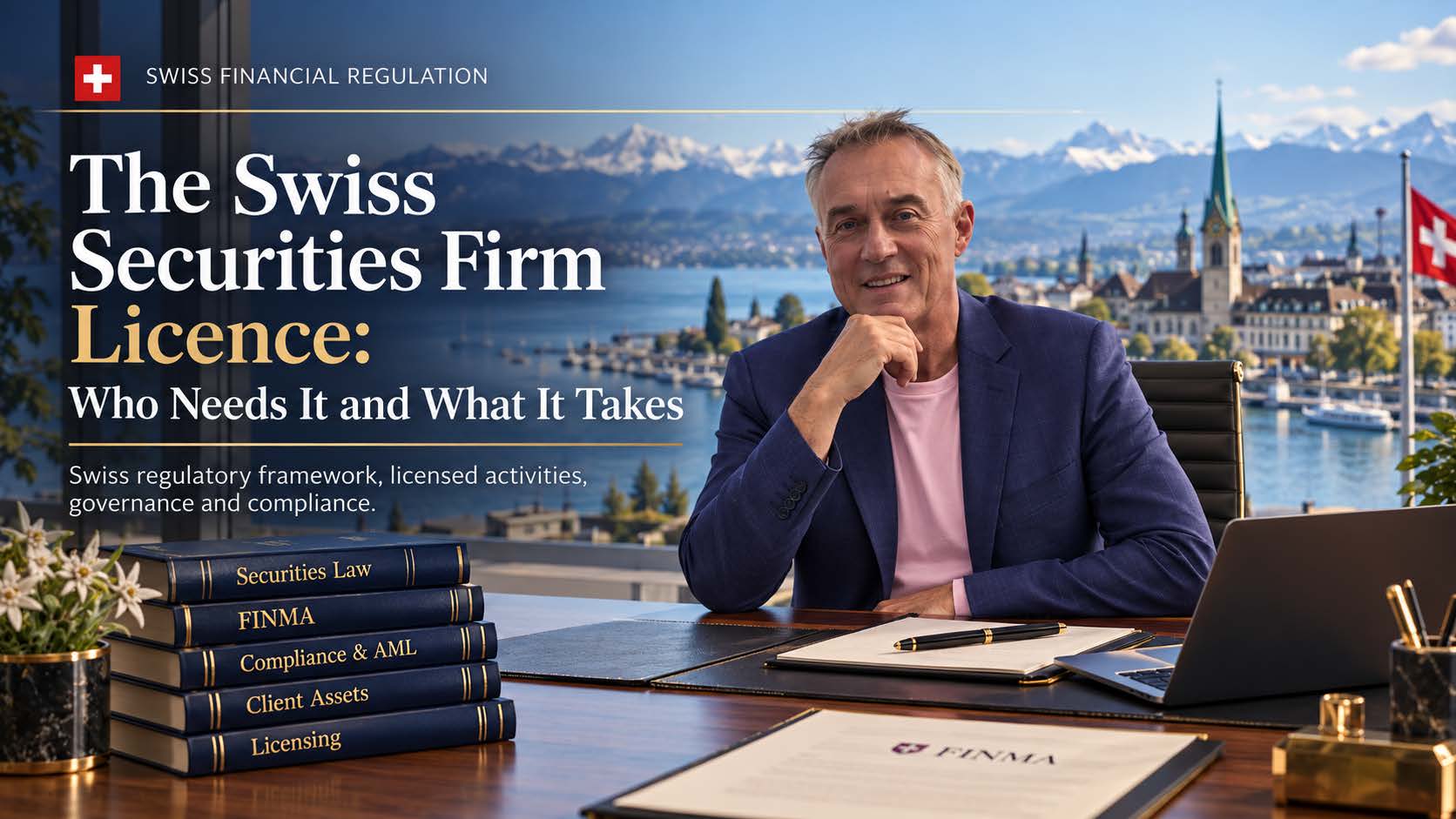 Rene-Philippe at his desk in front of Lake Zurich and the Alps, next to the title “The Swiss Securities Firm Licence: Who Needs It and What It Takes”