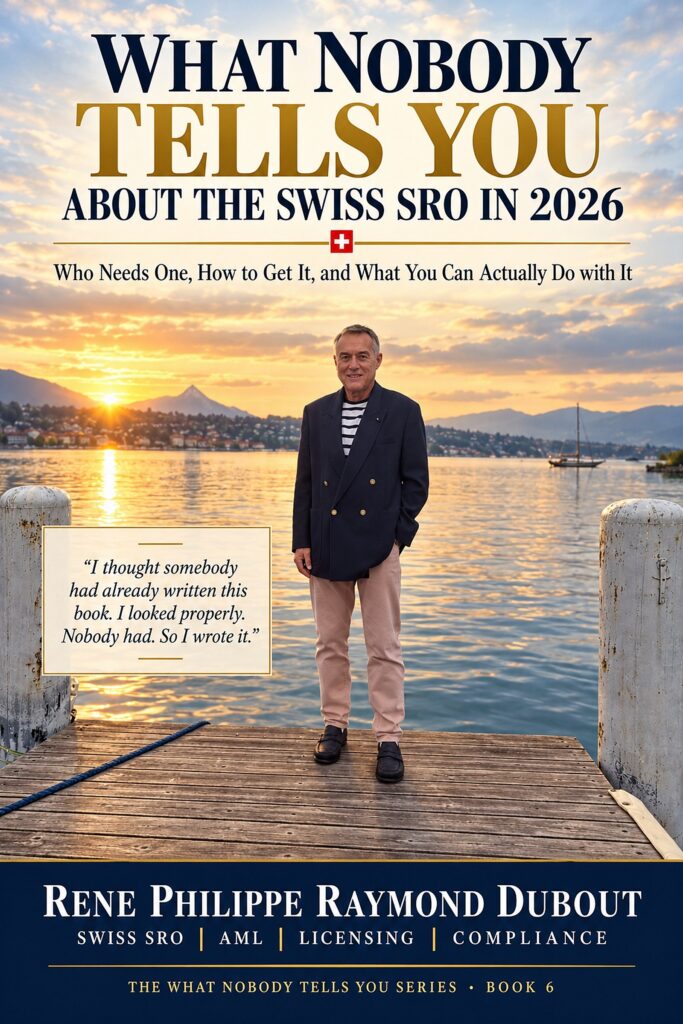 Cover of What Nobody Tells You About the Swiss SRO in 2026, Rene Philippe Raymond Dubout on a jetty on Lake Geneva